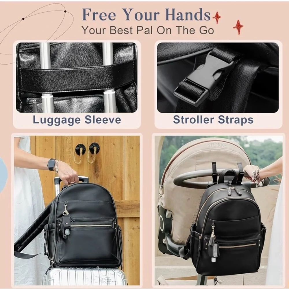 Black Leather Diaper Backpack with Gold Accents